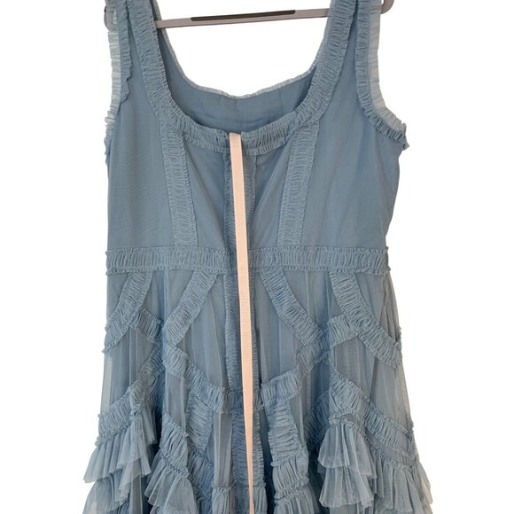 New Mac Duggal Size 14 Blue Ruffle Mesh Midi Dress RII10592 Wedding Guest - Picture 10 of 11